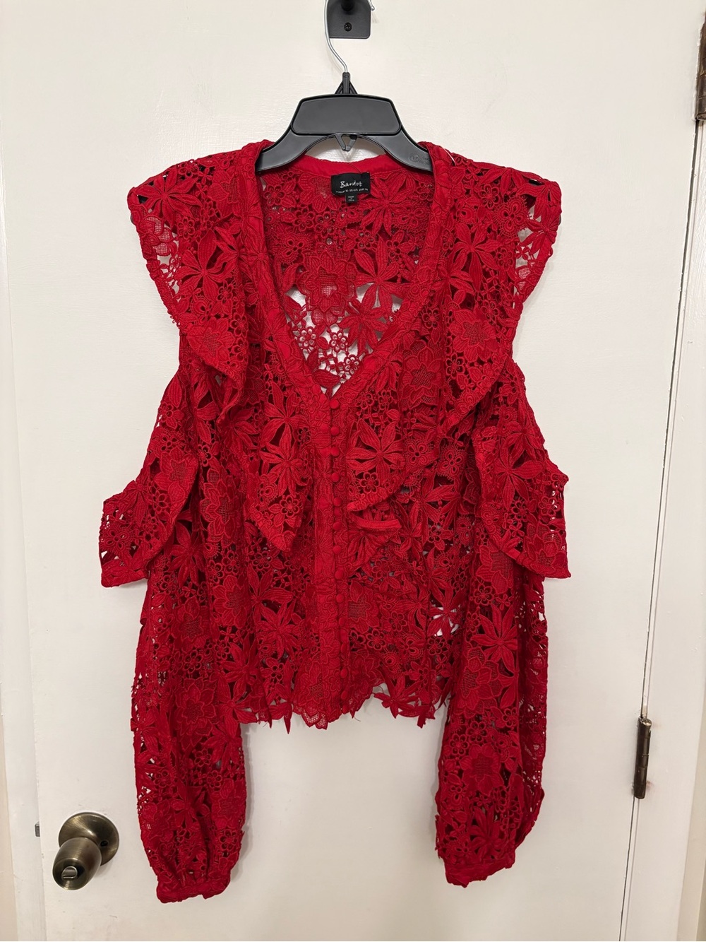 Bardot Valentina Red Floral Lace Cold Shoulder Blouse Top S